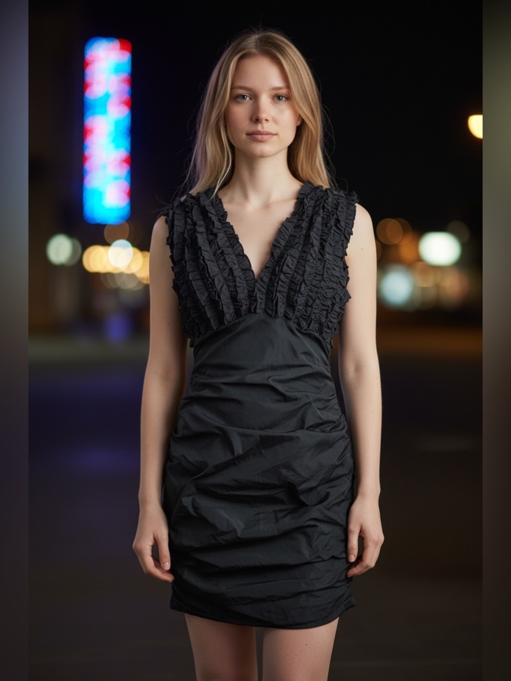 Yigal Azrouel- Dark Navy Ruffle- Black Trim V-Neck Sleeveless Mini Dress